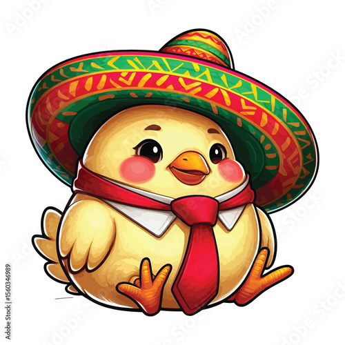 A picture of a fat, yellow-and-white chicken. The chicken has pink cheeks and is sitting, smiling mischievously, and wearing a big red tie.
