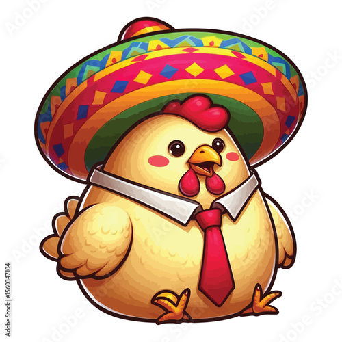 A picture of a fat, yellow-and-white chicken. The chicken has pink cheeks and is sitting, smiling mischievously, and wearing a big red tie.