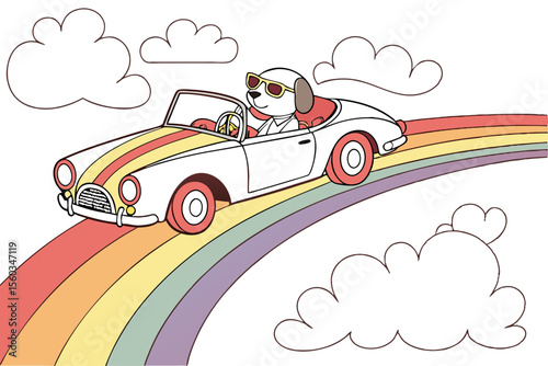 Cartoon dog wearing sunglasses driving a white convertible car on a rainbow with white clouds around