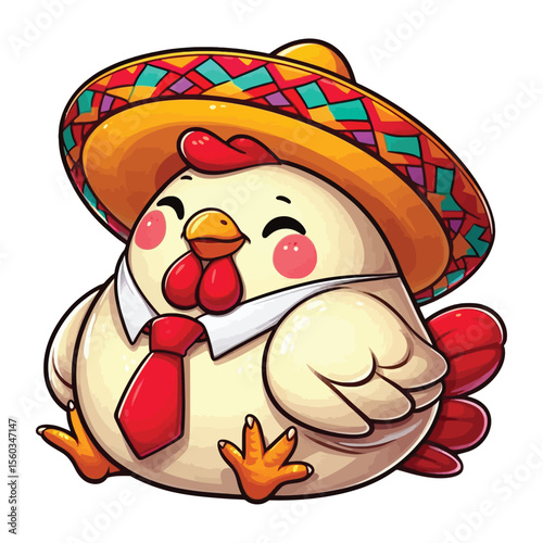 A picture of a fat, yellow-and-white chicken. The chicken has pink cheeks and is sitting, smiling mischievously, and wearing a big red tie.