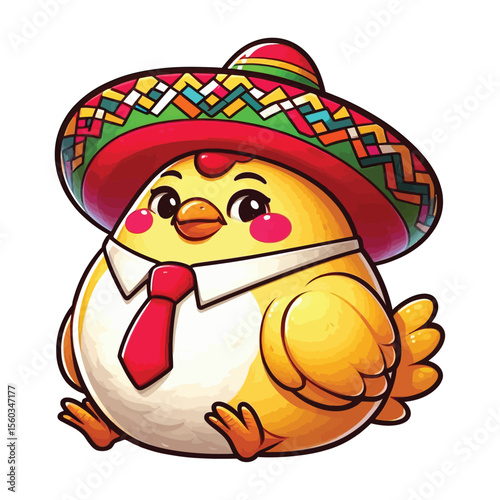 A picture of a fat, yellow-and-white chicken. The chicken has pink cheeks and is sitting, smiling mischievously, and wearing a big red tie.