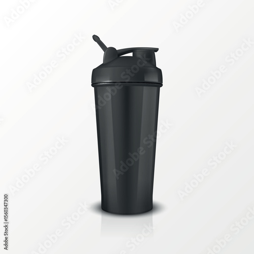Vector 3d Realistic Black Shaker Bottle Mockup. Realistic Protein Shaker Bottle for Branding and Custom Design. Sport Shaker Bottle Vector Illustration for Supplement, Fitness, Gym, Logo, Print