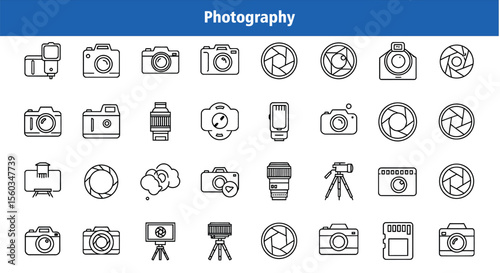Photography Line Art Icon Set - Editable Stroke Camera Vector Icons