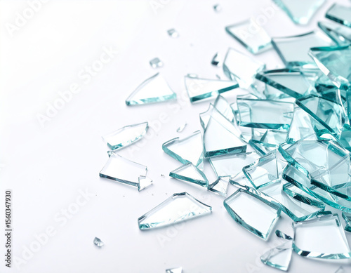 Closeup photo of glass breaking loudly into sharp edges on white background