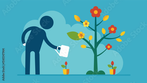 A person watering a tree with memories as if they were flowers demonstrating the idea of nourishing and preserving memories to keep them alive.. Vector illustration