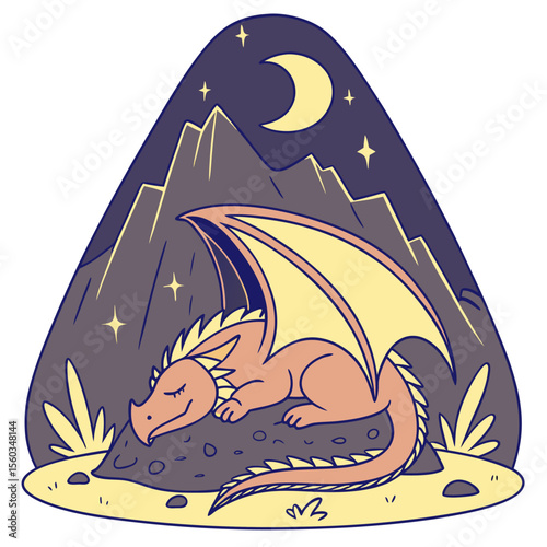 A cartoon dragon sleeping on a rock in front of mountains under a crescent moon and stars at night