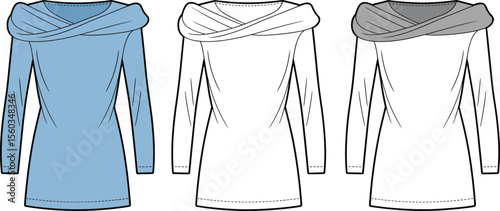  Long sleeve off shoulder dress flat sketch, stylish fashion illustration, crossover neckline dress design, women's elegant apparel template vector.flat vector illustration