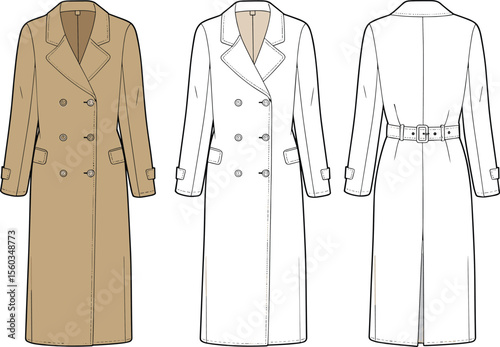  Long trench coat technical fashion flat sketch, double-breasted design with belt, collar, pockets, front and back view illustration.flat vector illustration