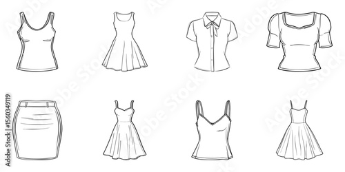 Women'S Fashion Apparel Sketches Set. Clothing Design Concepts Collection. Isolated Vector Illustration