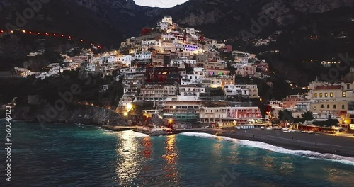 Aerial view of Positano. The famous colorful houses at night with light. Amazing architecture on the scenic Amalfi Coast, Italy