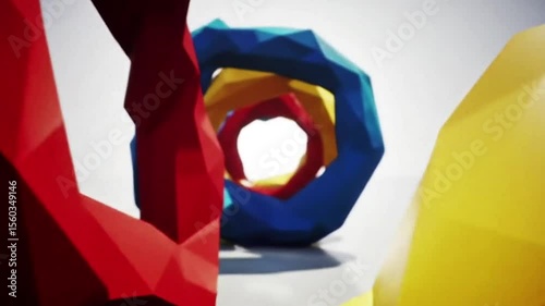 Abstract geometric shapes in primary colors create a tunnel-like composition.