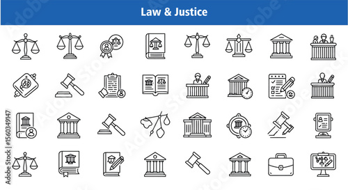 Law & Justice Line Art Icon Set - Editable Stroke Legal Vector Icons