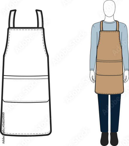  Professional kitchen apron with pockets, front view technical fashion sketch, male mannequin flat, cafe uniform, restaurant, barista, chef apparel.flat vector illustration
