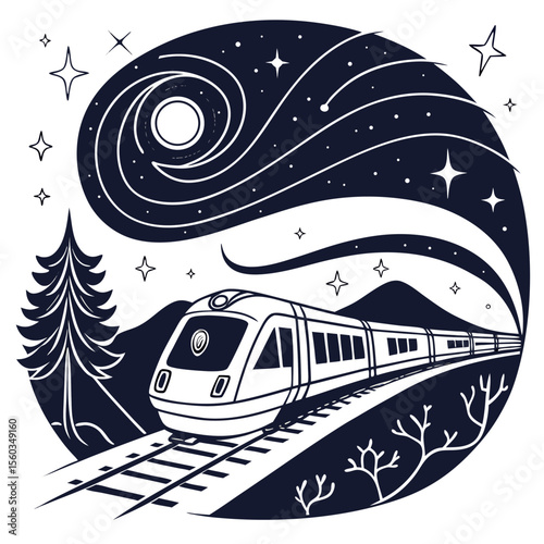 Modern train traveling through a winter landscape under a starry night sky with a swirling galaxy design