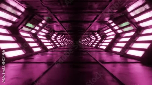 Symmetrical view of a futuristic corridor with illuminated panels and a perspective vanishing point.