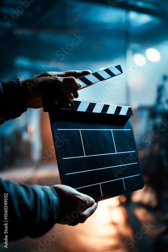 Close up hands of a person holding a cinema clapper board, film production, action scene, cinematography, entertainment industry, producer against blurred studio on background