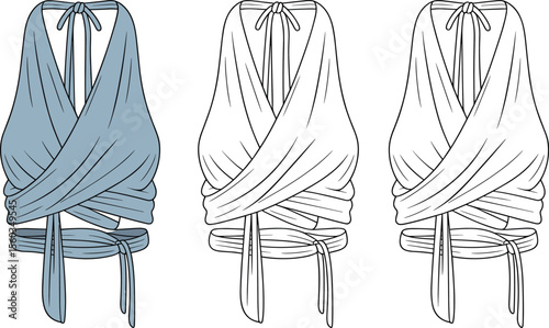  Women's halter neck wrap top flat sketch, fashion technical drawing with waist tie design, vector apparel illustration for clothing designers, manufacturers.flat vector illustration
