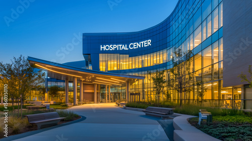Modern hospital center building with illuminated entrance at dusk
