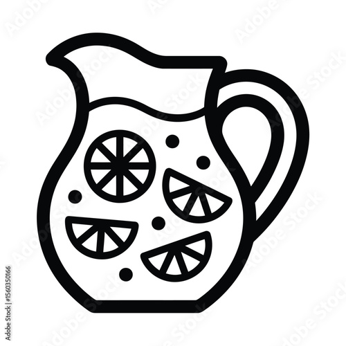 Stylized black and white icon of a pitcher filled with lemonade and citrus slices