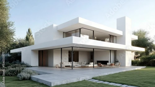 Modern white house with expansive patio