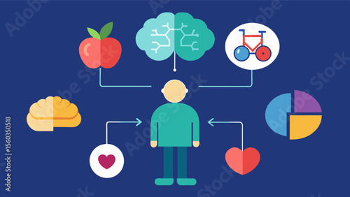 A graphic showing the link between lifestyle choices such as diet exercise and sleep and their impact on brain health in older individuals.. Vector illustration