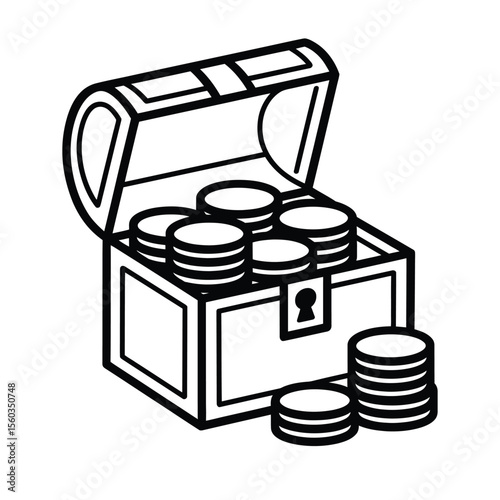 Open treasure chest overflowing with stacks of coins and a keyhole on the front