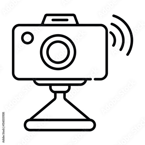Modern line art icon of a digital camera with wireless signal waves