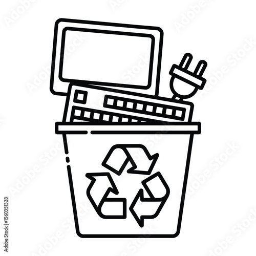 Computer recycling bin with monitor keyboard and power plug icon