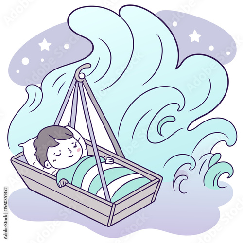 A baby sleeping soundly in a cradle with a dreamscape of waves and stars surrounding the scene softly