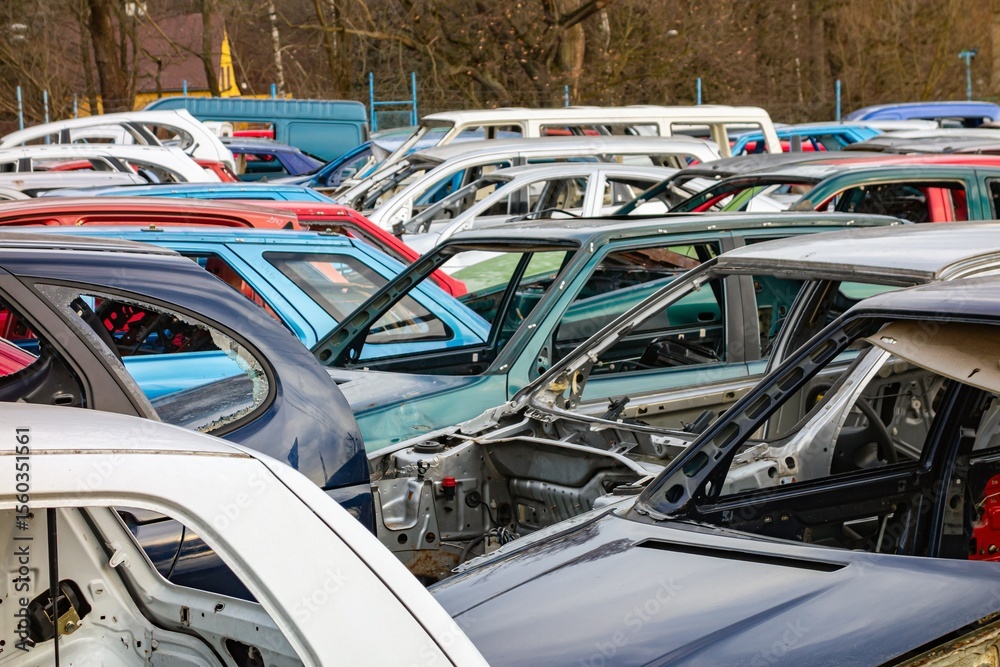 Obraz premium Scrapyard full of car wrecks that were cleared from interior to be recycled