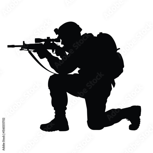Silhouette of a kneeling soldier aiming a rifle with scope and backpack
