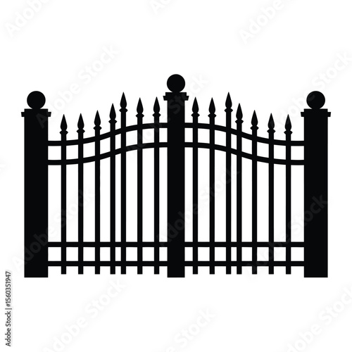 Black Silhouette Illustration of an Ornate Metal Gate on a White Background