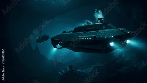 Wallpaper Mural Submarine patrolling deep underwater in a glowing futuristic marine landscape Torontodigital.ca