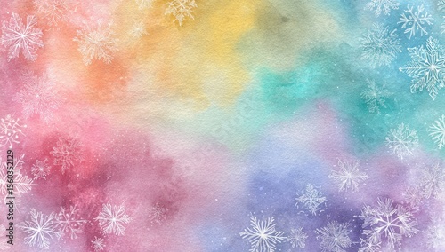 Watercolor snowflakes on a rainbow background