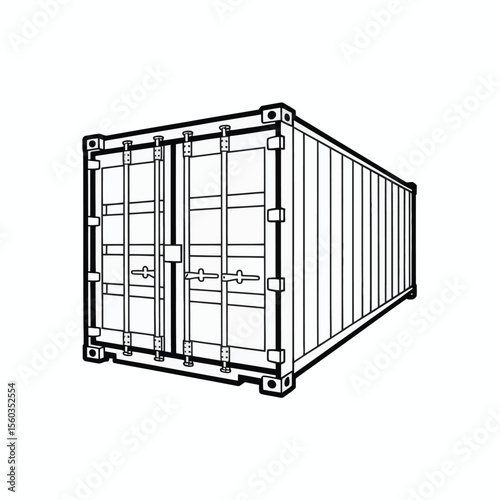 Black and white line drawing of a standard shipping container with doors open