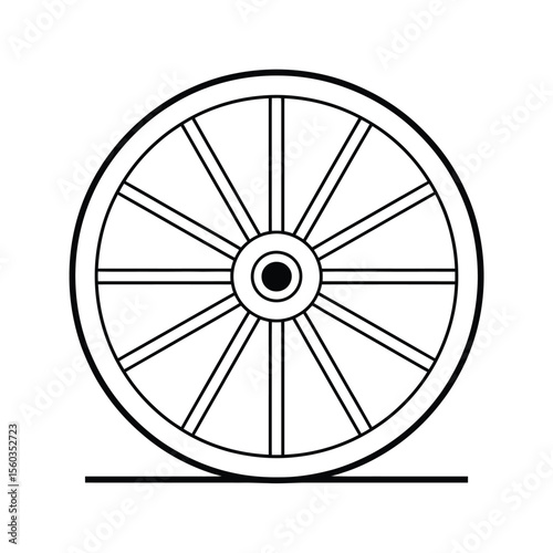 Simple line drawing of an old wagon wheel resting on a flat line