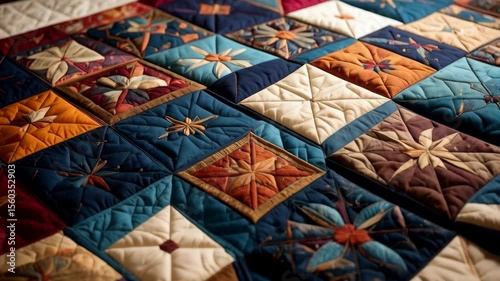Detailed handmade patchwork quilt with geometric star design, multiple colors, warm textile, cozy and comforting texture, close up shot of ornate seam work