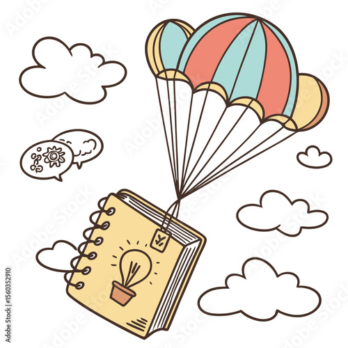A notebook with a lightbulb design is suspended by a parachute surrounded by clouds and speech bubbles