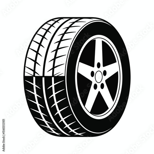 Black and white illustration of a car tire with a five spoke alloy wheel