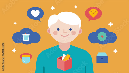 A person surrounded by various objects wearing a smile and holding a memory box with the same image representing the potential for personalized memory boxes to bring joy and. Vector illustration