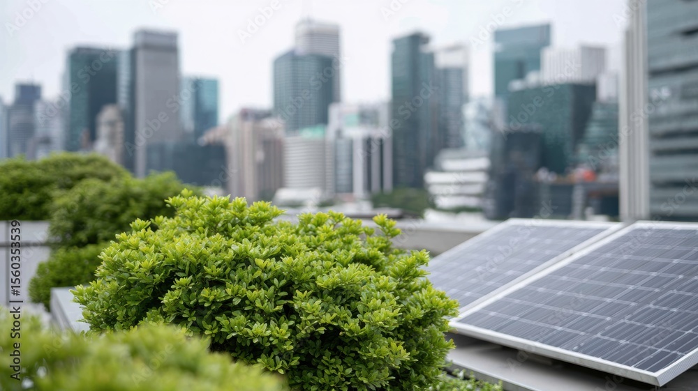 Fototapeta premium Rooftop garden with dense green shrubbery and solar panel in urban cityscape background showing sustainable energy and nature