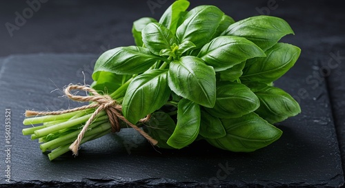 Fresh green basil bunch tied with string on dark slate background