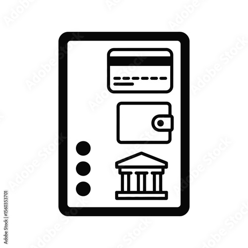 Mobile banking app interface showing credit card wallet and bank building icons