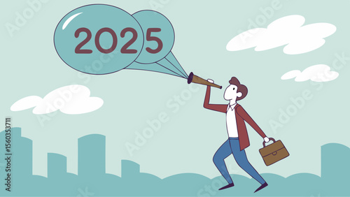 Focused businessman planning 2025 vision with determination, strategy, innovation, creativity, exploration, goals, career growth, success, and inspiration