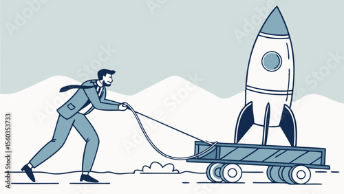Businessman leading technology and innovation, pulling rocket trailer symbolizing vision, strategy, determination, progress, growth, planning, and future achievement