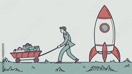 Ambitious businessman with rocket and wagon, symbolizing innovation, leadership, vision, strategy, growth, exploration, progress, planning, and success achievement
