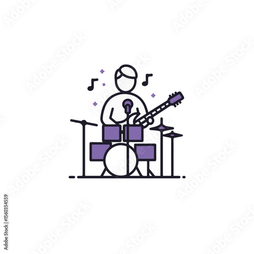 Musician playing drums and guitar simultaneously.