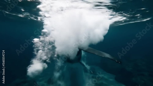 Submarine launching deep underwater missile creating powerful plume trail