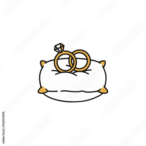 Two golden rings rest on a small, decorative pillow, ready for a special moment.