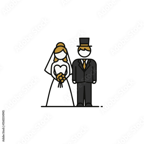 Wedding couple outline with the bride holding a bouquet and the groom in a suit.